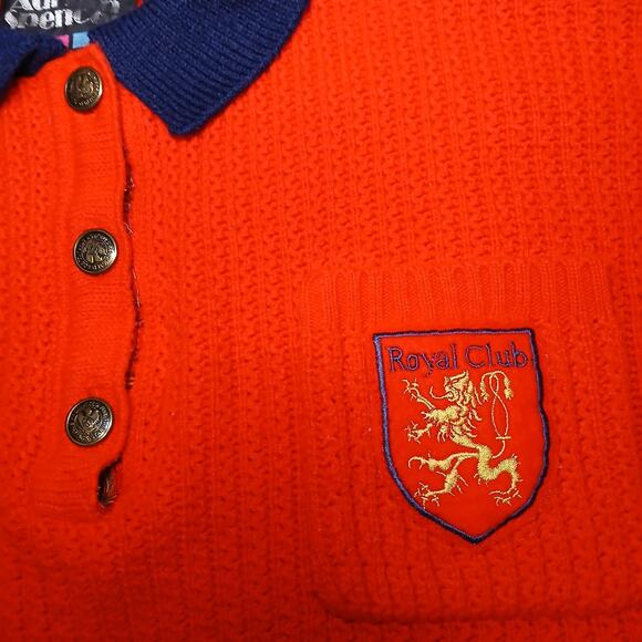 Adrian Spencer Vintage Red Knit Polo Sweater Crest Patch 80s Prep Rugby Style - Picture 2 of 8